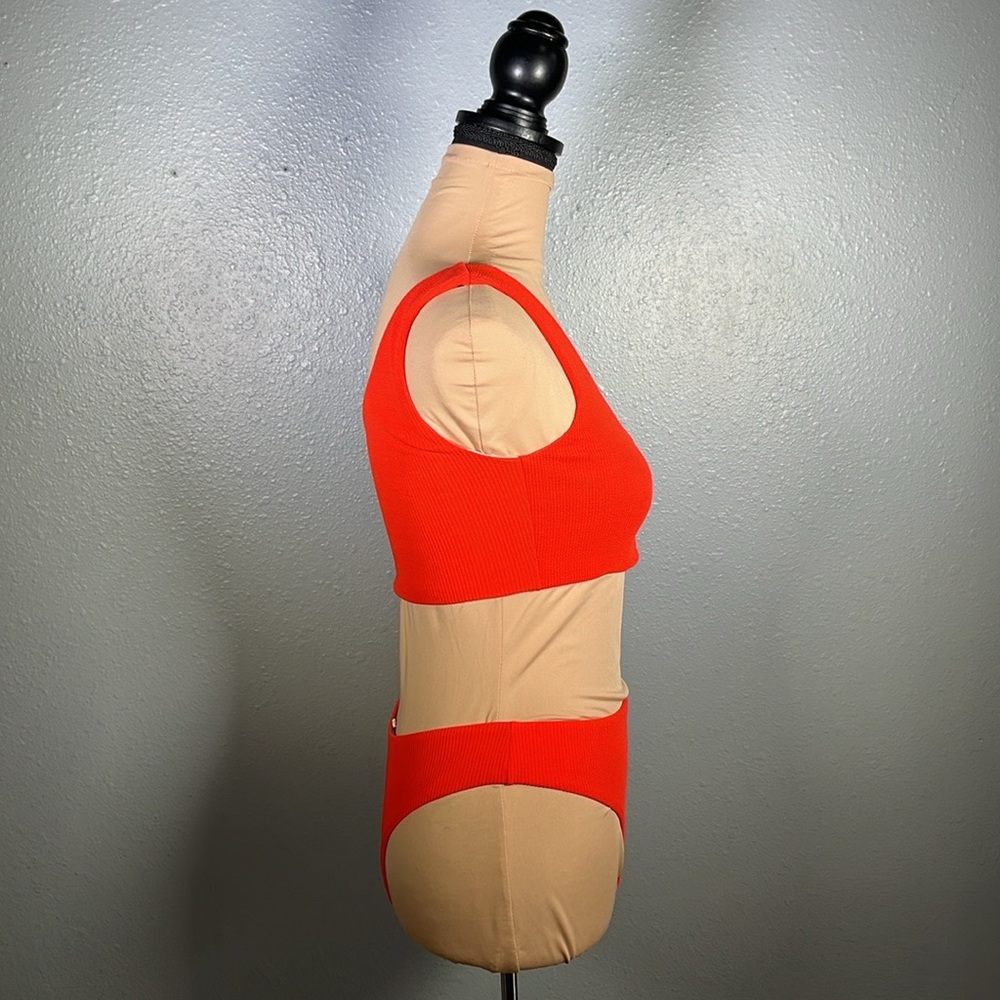 Orange ribbed one shoulder cheeky bikini swimsuit M | euro summer asymmetrical - Picture 2 of 7